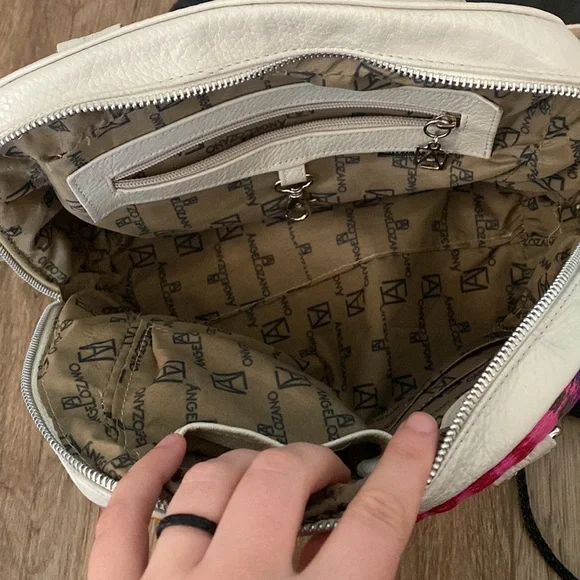 AngeLozano cream pebble leather colorful floral embroidered satchel bag. Boho - Picture 7 of 13